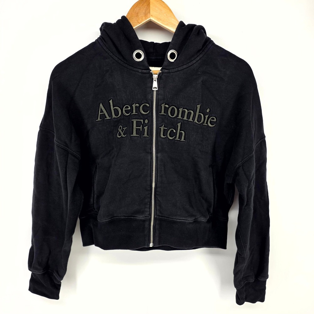 Abercrombie & Fitch Zip Up Hoodie Women S Black Cropped Logo Soft A&F Collection